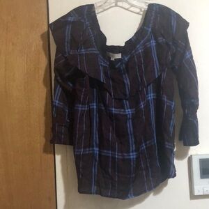 LOFT Blue Ruffled Plaid Blouse with Bib Collar Open to offers!